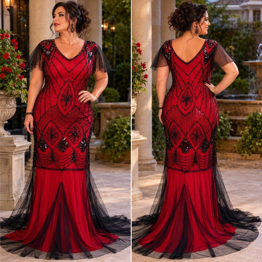 Large Red Gown Black Beads Lace Overlay Long Maxi Theater Retro Sexy Fitted Vamp